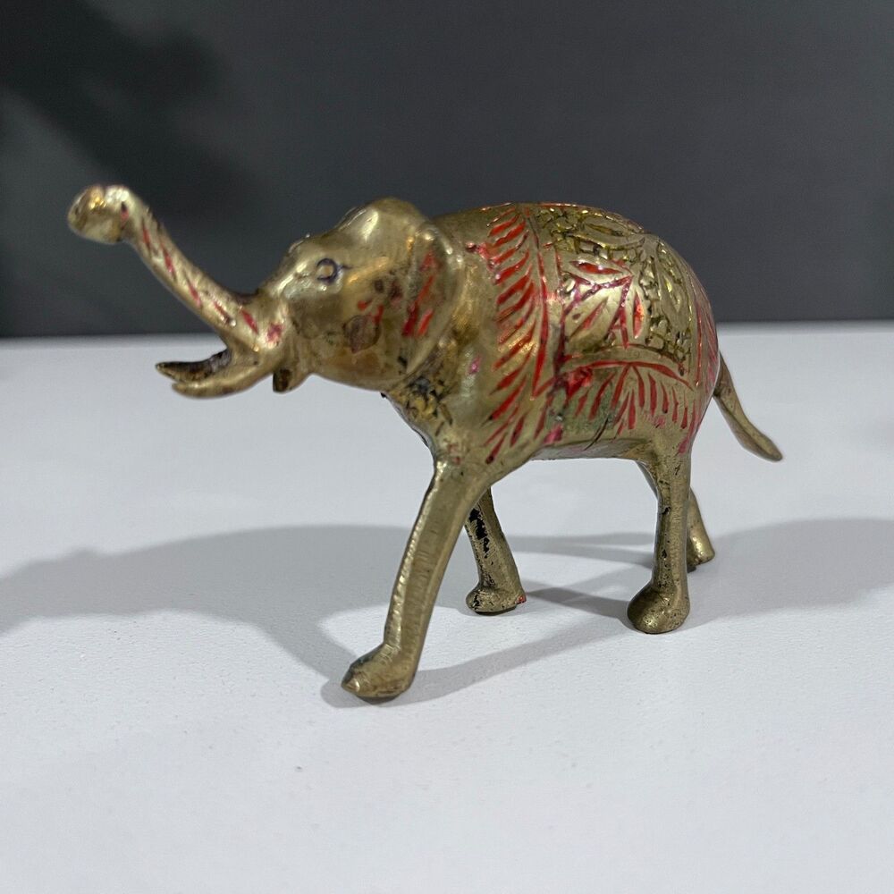 Brass Elephant Painted Vintage Patina Trunk Up Good Luck Wisdom Paperweight